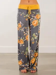 Women's Floral Print Drawstring Waist Wide Leg Pants, Boho Casual Comfy Flowy Contrast Binding Trousers for Daily Wear, Women's Bottoms for Spring & Fall, Womenswear
