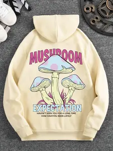 Whimsical Mushroom Statement Men's Hooded Sweatshirt Featuring Vibrant Blue Fungi with Pink Dots Under the Bold "MUSHROOM EXPECTATION" Header and a Sweet Personal Message Below