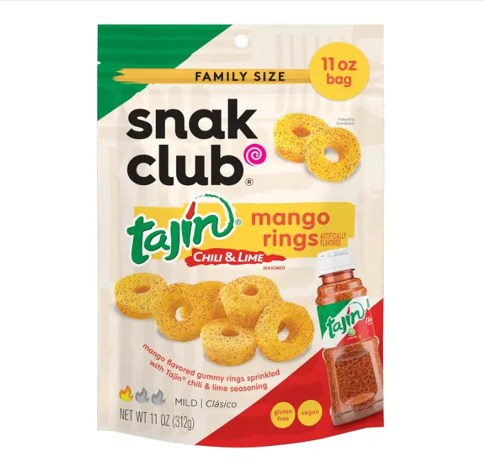 Snak Club Tajin Mango Rings Gummy Candy, Fruit Candy Gummies with Chili and Lime Seasoning, Mild, Gluten-Free and Vegan Snacks, 11 oz Resealable Bag