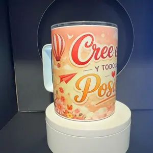 Inspiring Mug "Cree en ti y todo será posible" 15 oz Aluminum Motivational Cup with Rainbow Sky Design for Daily Use or Gifts
