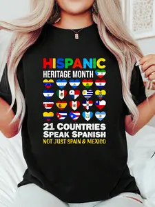 21 Countries Speak Spanish Hispanic Heritage Heart Flags Print T-Shirt Casual Crew Neck Short Sleeve Comfort Tee Top For Spring & Summer Women's Clothing