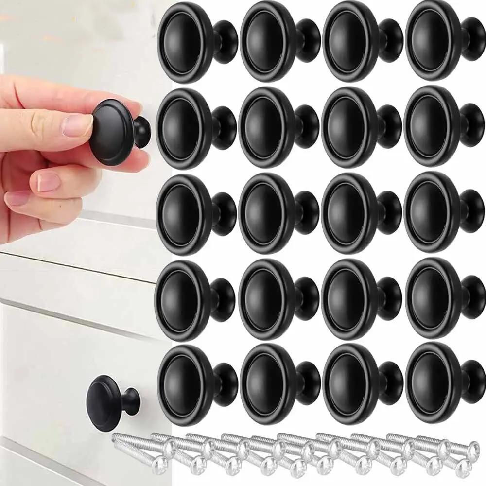 20PCS Matte Black Aluminium Cabinet Knobs - 28mm Diameter, 25mm Screw Length, Classic Premium Elegant Round Single Hole Handles for Dresser Drawers, Shoe Cabinet
