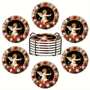 6PC round ceramic coasters, Cupid theme, high temperature resistant and non-slip, exquisite home and restaurant decoration, suitable for sideboards, home decor and parties, perfect restaurant gift ideas, housewarming gift
