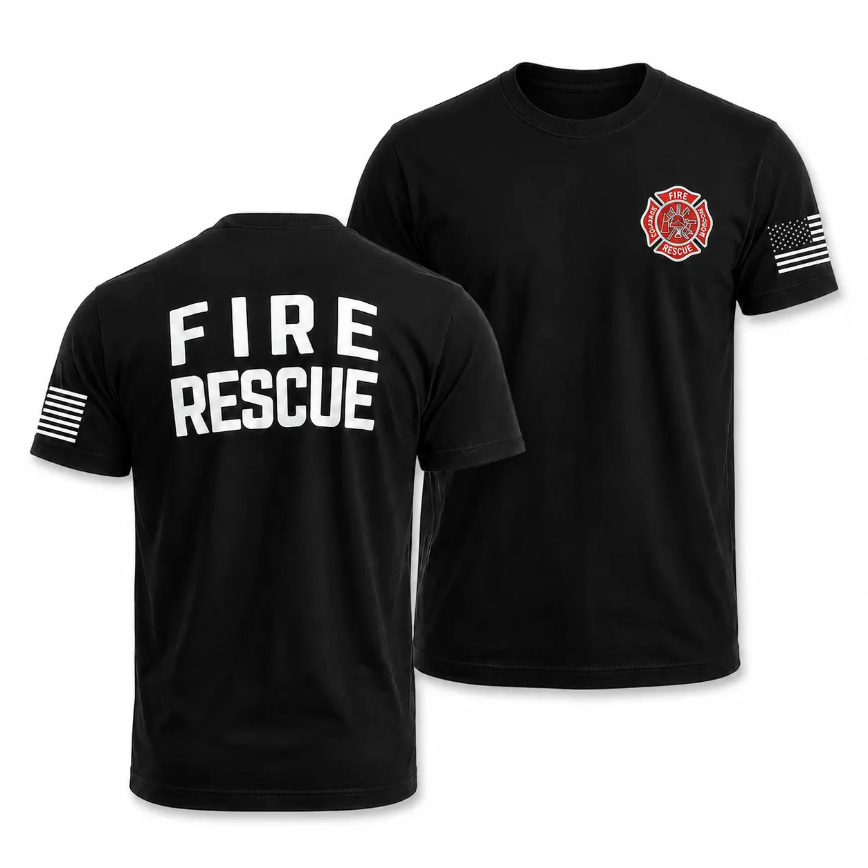 [MADE IN US] Fire Rescue T Shirt, Bold Back Print With Fire Department Badge And American Flag Sleeve, Gift For Firefighters Rescue Teams And First Responders