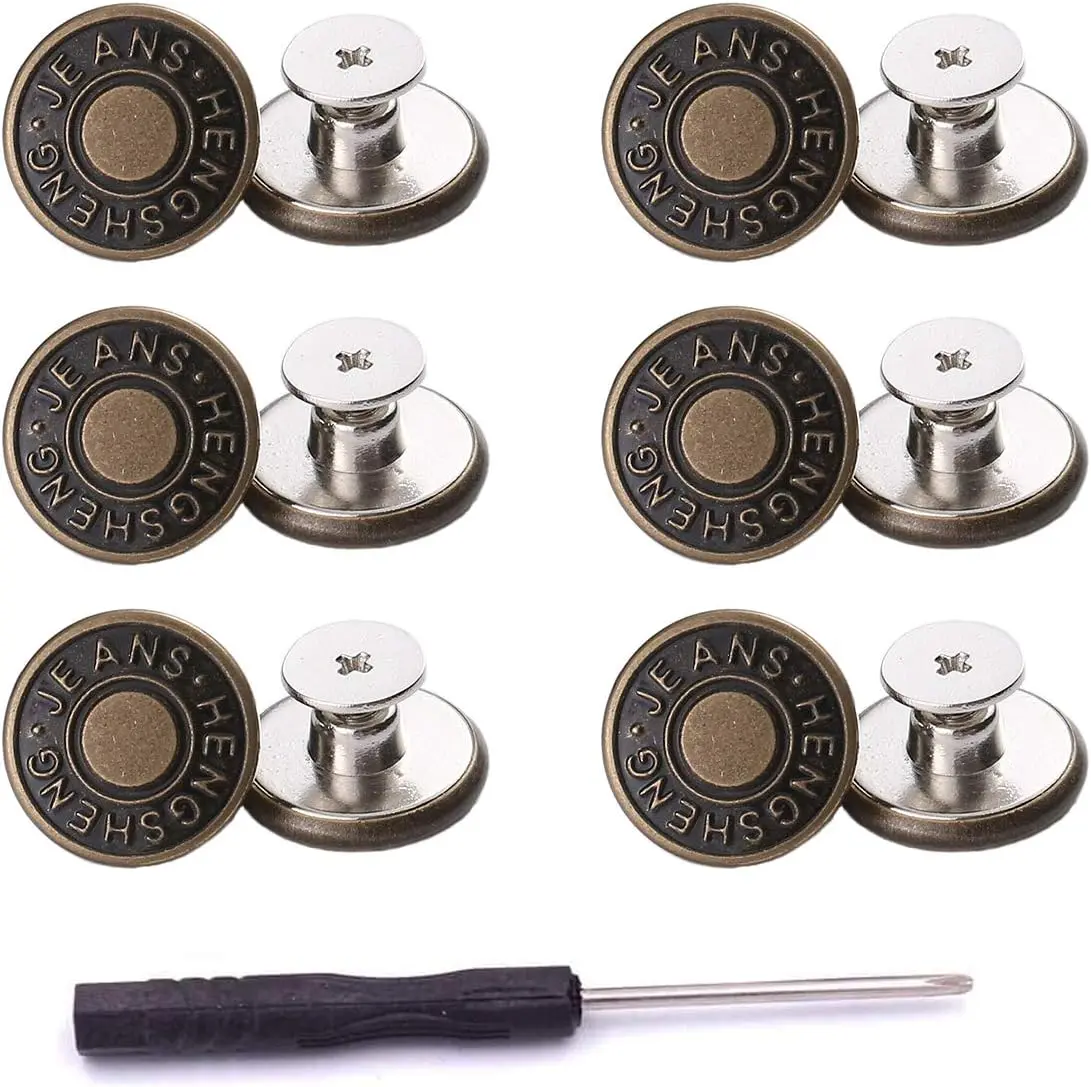 12 count Button for Sewing Metal Jeans, 17 mm No-Sew Nailess Removable Metal Jeans Buttons Replacement Repair Combo Thread Rivets and Screwdrivers