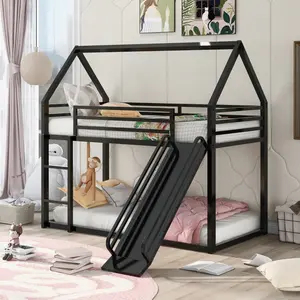 Twin over Twin House Bunk Bed with Built-in Ladder Black Playful Design Comfortable Slide Solid Metal Durable Safety Guardrail Modern Style Easy Assembly