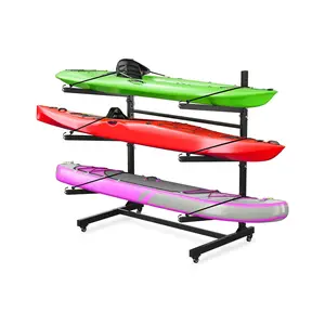 Kayak Storage Rack for 2-6 Kayaks Freestanding Kayak Rack for Outdoor Storage with Movable Wheels, Heavy-Duty Steel Kayak Hanger Holder with Hanging Straps