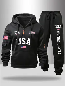 Men's Casual Half-Zip Hooded Sportswear Set, Sweatsuit with Pockets, Slim Fit, American Flag Print, Sweatpants and Hoodie with Pockets, Winter Warm Leisure Wear, Casual Gym Wear