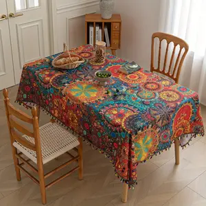 Vibrant Polka Dot Bohemian Tablecloth with Fringe, Geometric Print, Washable, Durable, Perfect for Parties and Dining