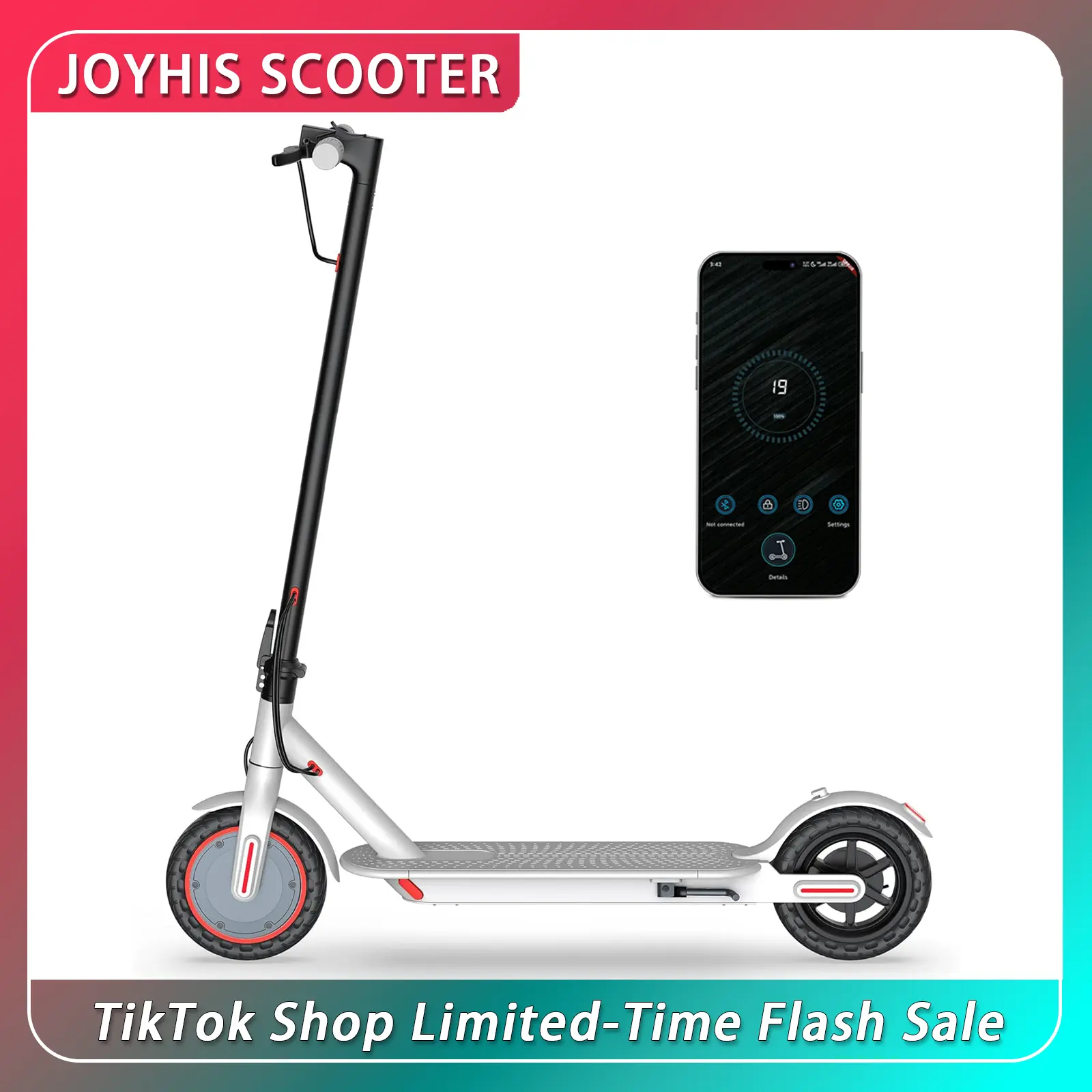 White Portable Foldable Electric Scooter for Adults - 350W Motor, 36V Battery, 19MPH Top Speed, 15 mi Range, 365 Scooter App Control, IP65 Splash Proof, Dual Brakes, 8.5" Tires, 265lbs Load, LED Lights, Commute & Campus Use
