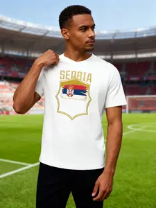 Men's Serbia Flag Pattern V-Neck Printed Football T-Shirt, Quick-Dry Breathable Sports Casual Shirt, Geometric All over Print