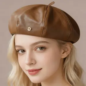 Women's Beret Hat Fall Winter New Design, Small Face Effect Octagonal Cap, Korean Street Fashion PU Leather Pumpkin Hat, Valentine's Day Gift