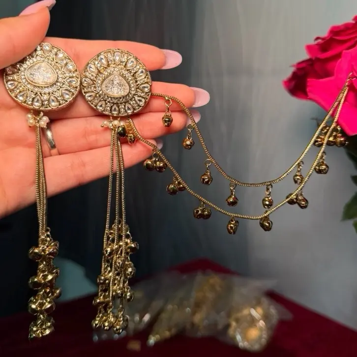 Gold Ghungru Sahara Kashmiri Earrings with Intricate Design and Elegant Tassels