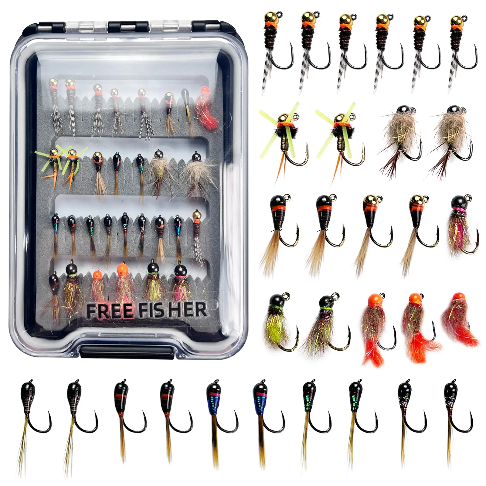 30Pcs Fishing Flies Kit, Tungsten Bead Head Wet Nyphms with Luminous Effect Midge Scuds Streamers Fishing Fly Lures with Box #10#12#14#16