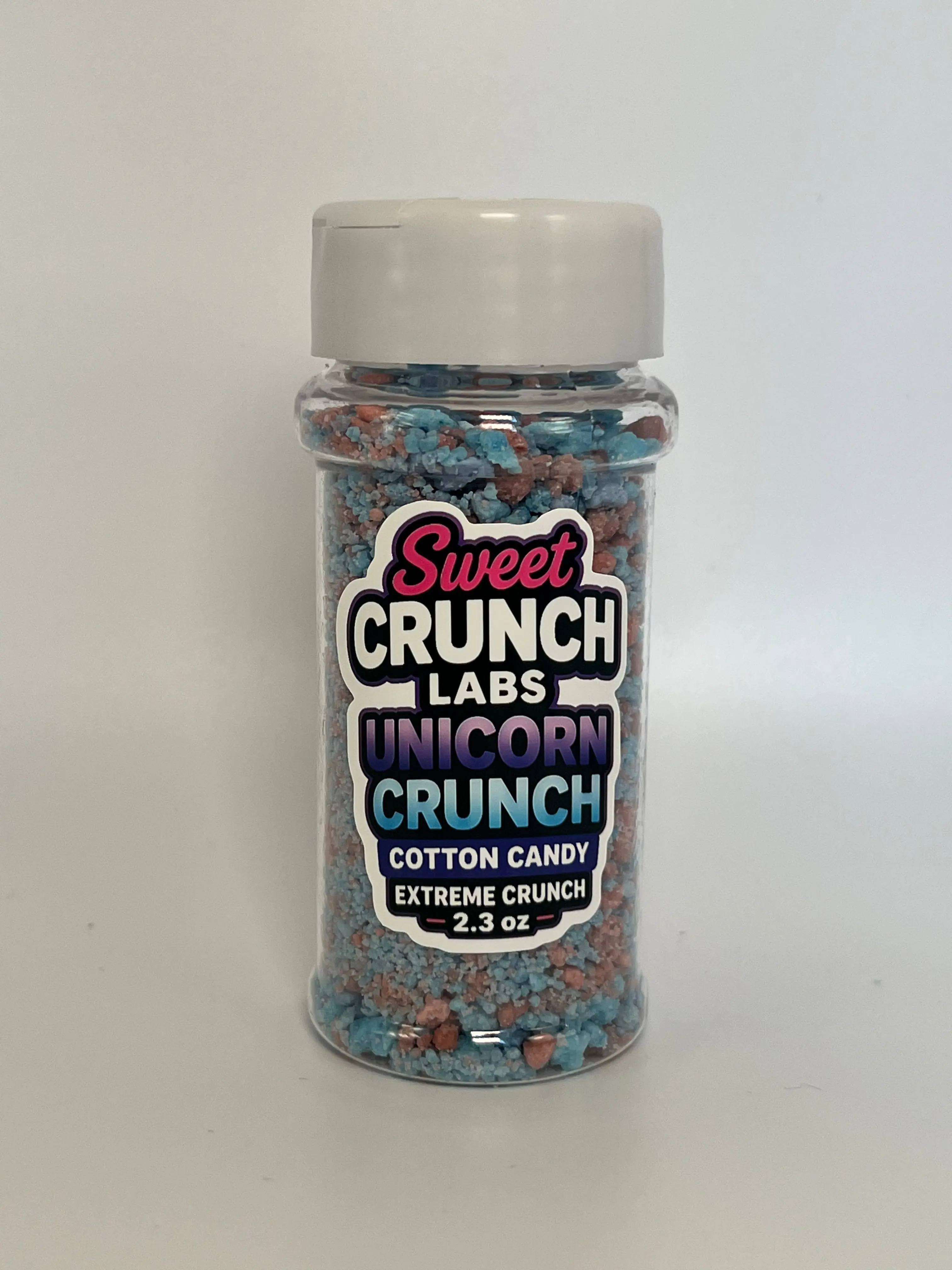 UNICORN Crunch Plastic Shaker - 2.3oz Sweet Candies with Cotton Candy Topper, Crunchy ASMR Snack, Light Crunch