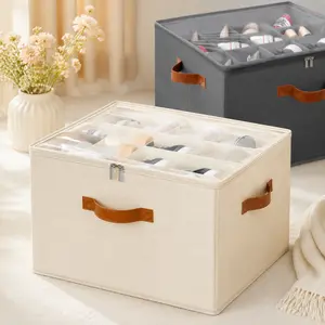 Foldable Clothing & Shoe Storage Box with Adjustable Shelves – Transparent Lid, Stackable Fabric Organizer for Bedrooms, Dorms, Apartments, or Family Cloakrooms, Available in Gray and White