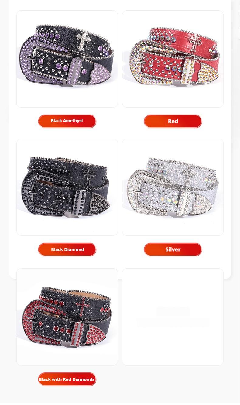 Unisex Crocodile Pattern Belt with Rhinestone Decorative Buckle Cross Pendant New Street Fashion Denim Belt Adjustable for Most Waist Sizes