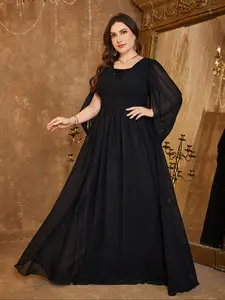 Elegant Chiffon Maxi Dress, Square Neck Cape Sleeve, Pearl Embellished Waist, Fitted Ruched Design, Evening Party Gown