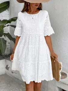Women's Plain Eyelet Embroidery Dress, Elegant Round Neck Short Sleeve Dress for Summer, Ladies Clothes for Daily Wear