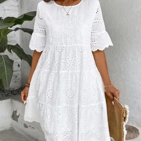 Women's Plain Eyelet Embroidery Dress, Elegant Round Neck Short Sleeve Dress for Summer, Bohemian Summer Dresses, Ladies Clothes for Daily Wear, Casual Wear, Casual Everyday Wear, Womenswear, Casual Bohemian Dress, Boho Style Womenswear, Boho Fashion