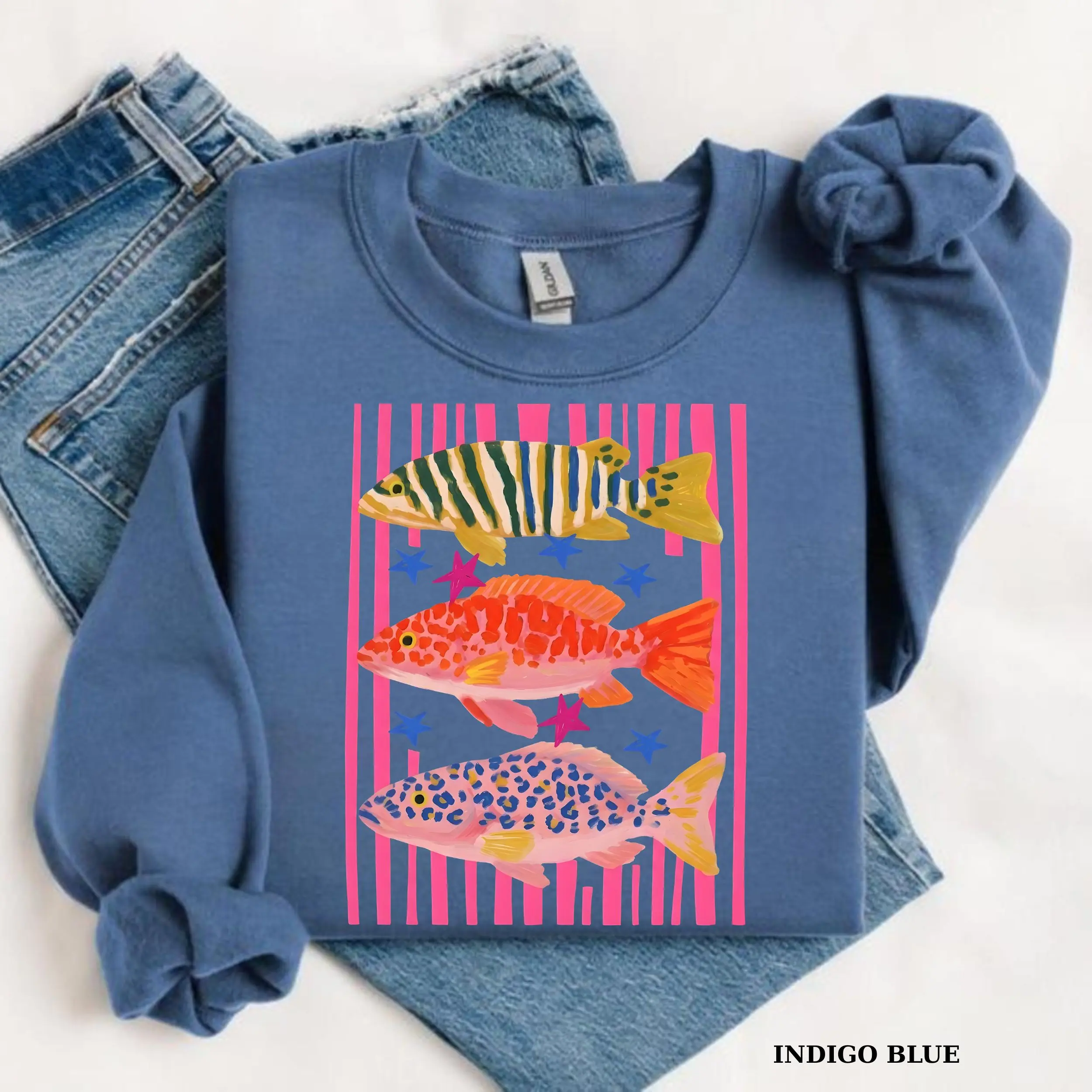 Gildan Preppy Fish Sweatshirt, Female Fishing Sweatshirt, Colorful Maximalist, Summer Vacation Sweatshirt, Funny Beach Sweatshirt, Girls Fish Too Gift for Women