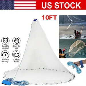 Durable White 10ft Nylon Fishing Net - 1 Easy Hand Cast, Strong Mesh with Efficient Bait Catching - Made in USA, Ideal for All Fishing Enthusiasts, Functional Design