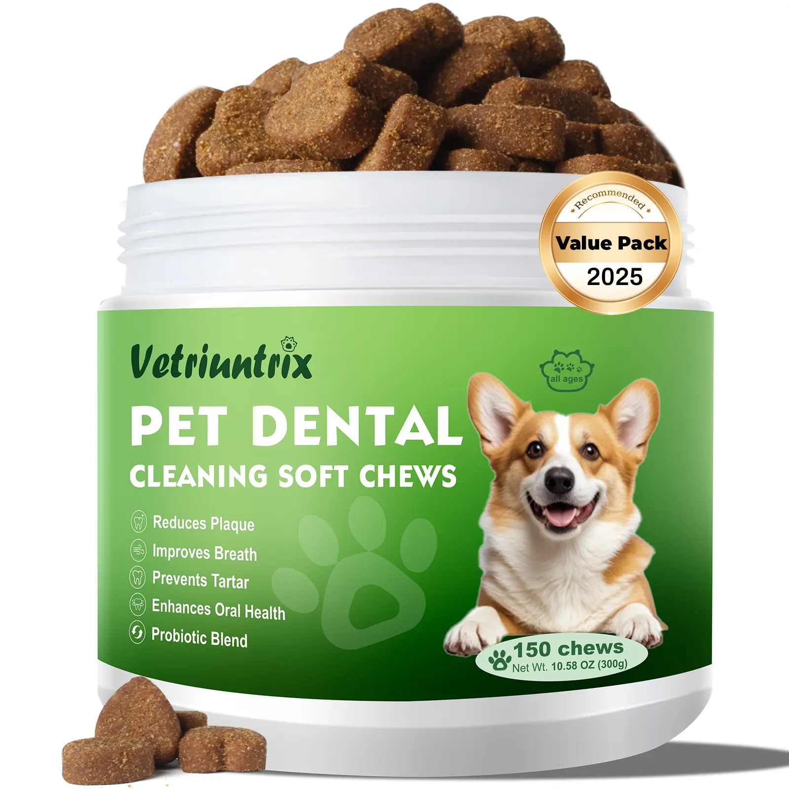 Vetriuntrix Pet Dental Cleaning Soft Chews (150 Count) – Plant-Based, Natural Enzymes, Probiotic Blend, Reduces Plaque, Tartar Control, Teeth Powder, Fresh Breath Treatment for All Ages Dogs of All Sizes
