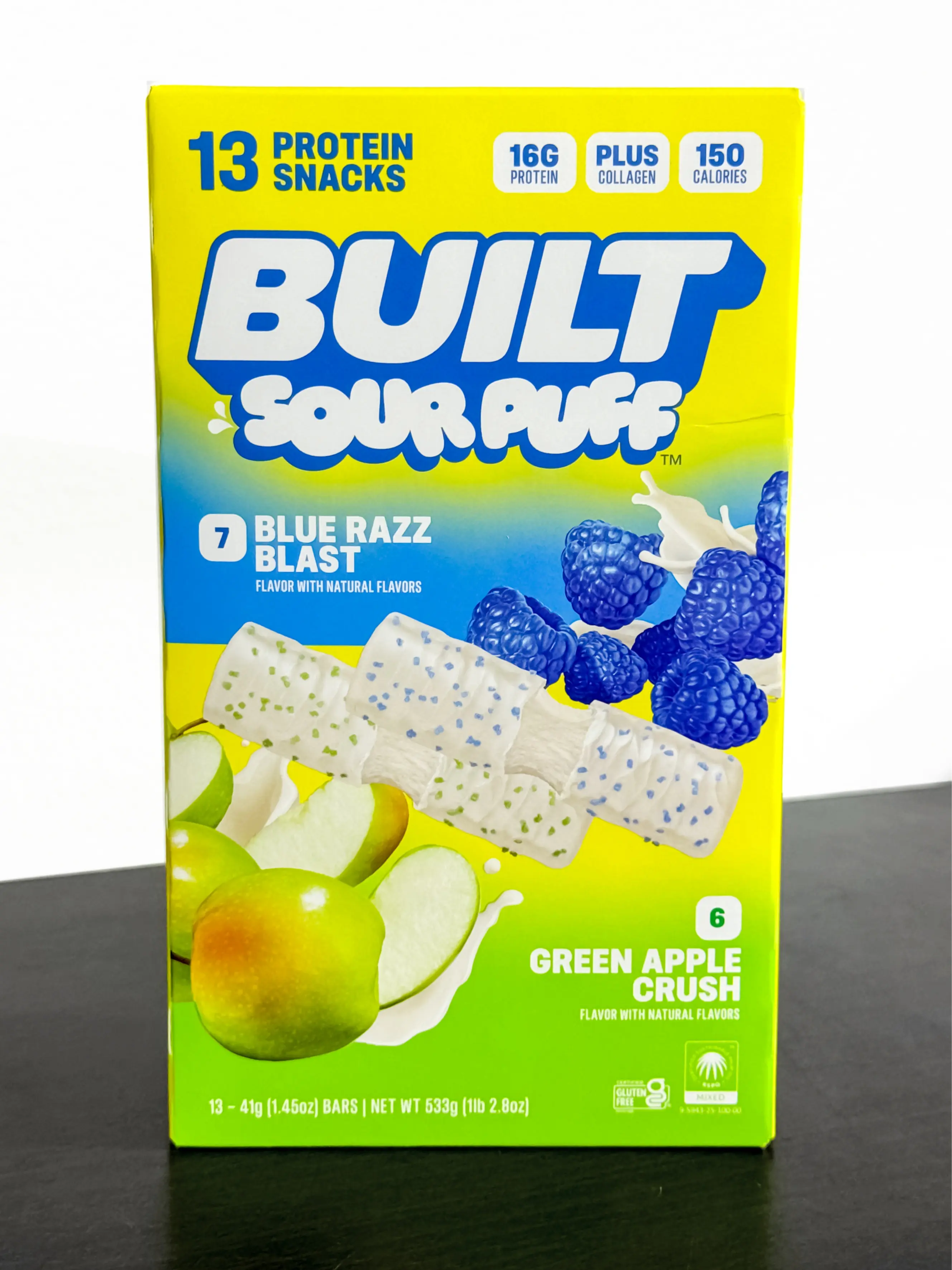 Built Bar Sour Puff Blue Razz Blast & Green Apple Crush Protein Bars 13 count