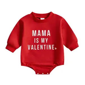 Newbrn Baby Boy Girl Valentine's Day Romper Mama is My Valentine Print Long Sleeve Jumpsuit for Infant Toddler Cute Outfits