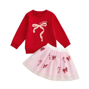 Toddler Girl Christmas Outfit Bow Embroidery Long Sleeve Sweatshirt Sequin Candy Tulle Skirt Fall Winter Clothes 12-18 18-24 Months 2 3 4T Gifts Fashion