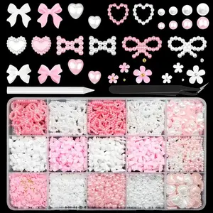 3D Bow & Heart Nail Charms Set with Tweezers and Picker Pen, 1000pcs/box Pink & White Unscented Assorted Shapes Nail Art Decorations for Press on Nails Nail Accessories, Nail Art Kit