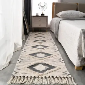 Boho Runner Rug 2'x6', Washable Hallway Rug Runner Non Slip Rubber Backed, Kitchen Farmhouse Area Rug Floor Mat with Tassels, Tufted Woven  Entryway Carpet, Grey