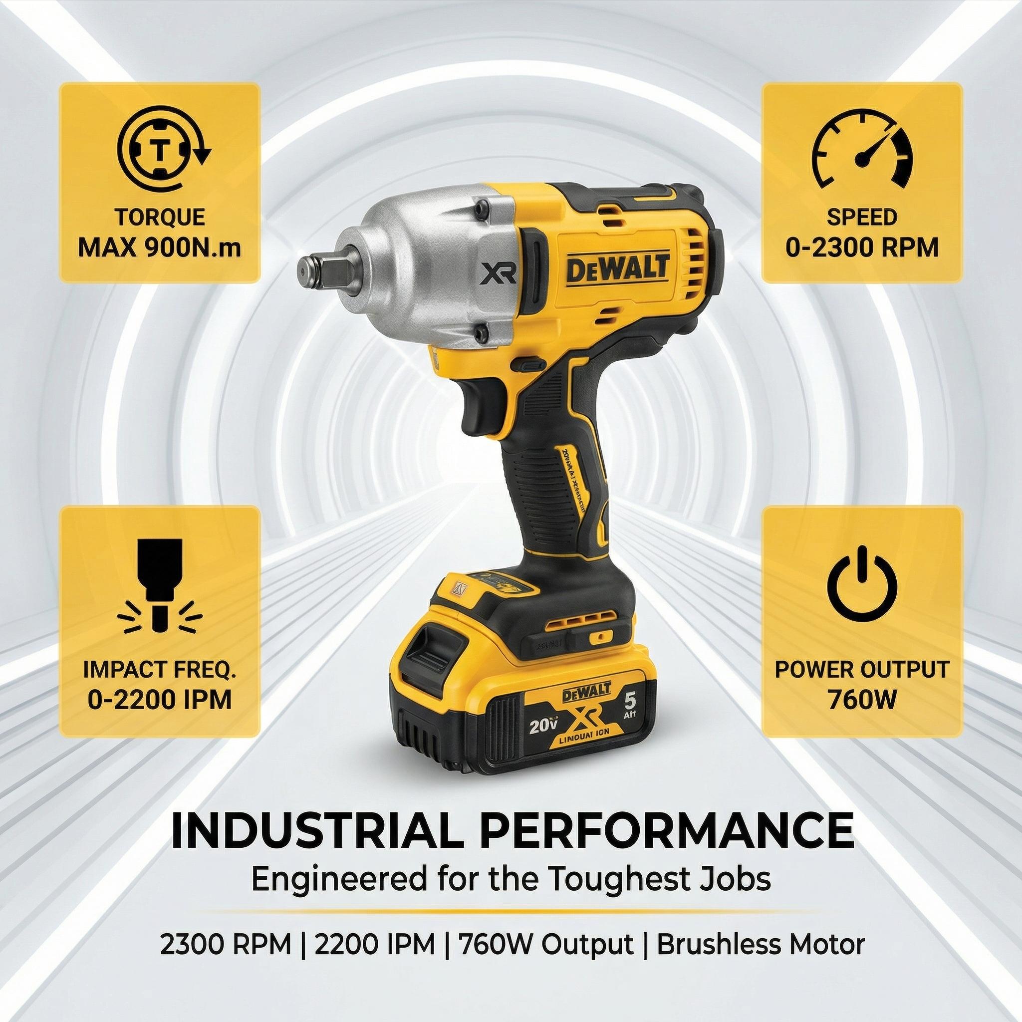 DCF900NT Cordless Impact Wrench – 1396Nm Max Fastening Torque, 0-2300 RPM, 0-2200 IPM – Built for Lug Nuts, Bolts & Industrial Use with 20V Lithium-Ion Battery