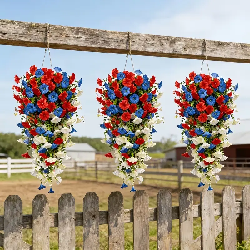 2pcs Patriotic Blue Artificial Morning Glory Decorative Flowers, Realistic Decor for Independence Day, Memorial Day, Home Table Centerpiece, Outdoor Garden Decoration