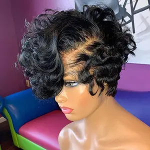 Short Cut Pixie Curly Bob Natural Color Virgin Human Hair Lace Front Wigs