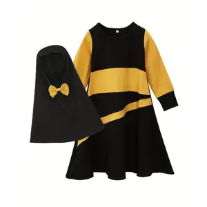 Girls' Spring and Autumn Muslim Traditional Middle Eastern Ethnic Clothing Set Long Sleeve Solid Color Dress + Headscarf Two-Piece Set