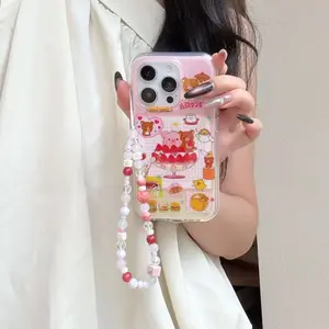 Crystal white strawberry Shaved ice bear mobile phone case with chain Protection for iPhone 11 12 13 14 15 16 promax