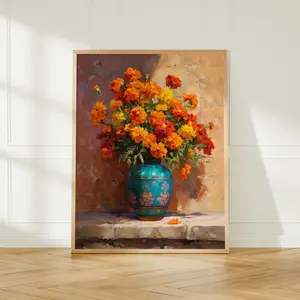 [sale off up to 40%] [Frame Canvas] Mexican Marigold Frame Canvas, Turquoise Pottery Wall Art, Día de Muertos Folk Floral Print, Vibrant Mexican Home Decor