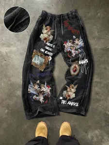 Men's Casual Cotton Pants with Angel Print, Ankle Length, Drawstring Waist, Street Style, All Seasons, Ideal for Gifts