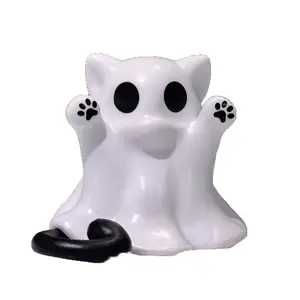 Ghost Cat Resin Desktop Ornament Black White Cute Healing Figurine with Bendable Tail & Paw Pad Detail for Coffee Cup Partner Desk Entryway Decorative Trendy Toy