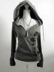 Fall women's clothing Y2k skull print fleece fitted hooded pocket hoodie for autumn women's wear