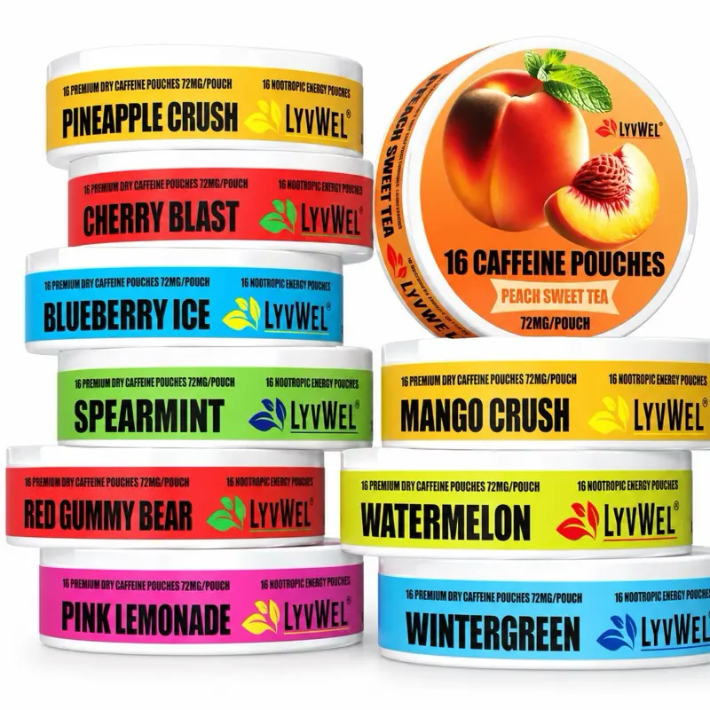 LyvWel 10-Jar 72mg All Flavors Variety Pack 1,152mg Per Can Upper Energy lip pillows Zero Sugar, Energy Boost