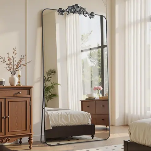 81"x41" Vintage Carved Full Length Decorative Wall Mirror - Black Retro Indoor Furniture Home Accessory, Standing-Hanging for Bedroom, Aesthetic House Decor