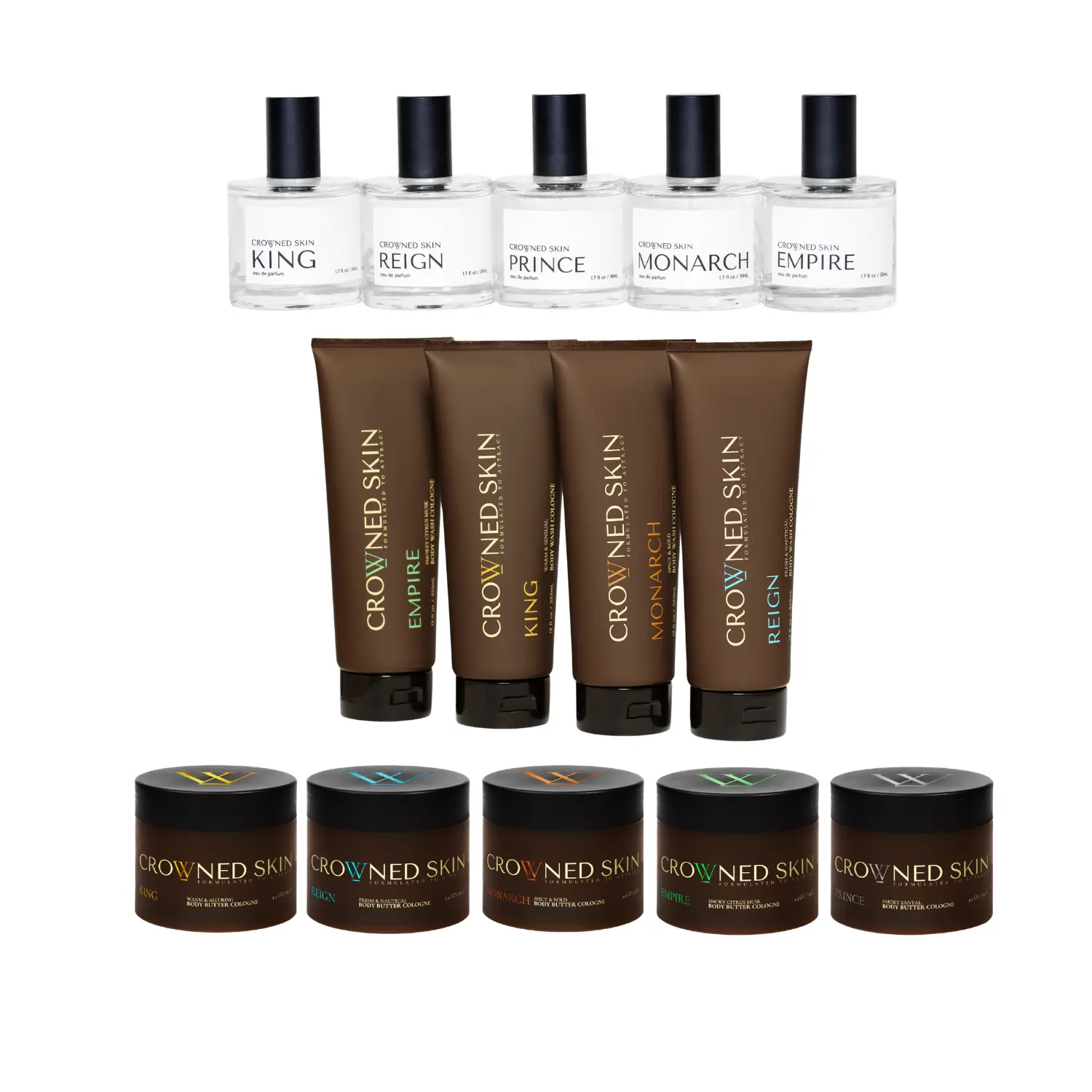 Crowned Skin - The Crowned Jewel - All Body Butters, Cologne-Infused Body Washes, Eau de Parfums - 14 piece set