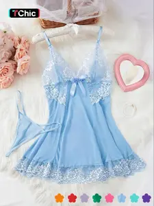 Women's Contrast Floral Lace Bow Front Sexy Costumes Set, Fashion Adjustable Strap Nightgown & Solid Thong, Ladies Summer Clothes for Daily Wear