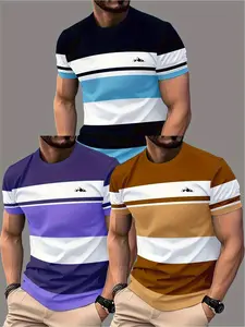 3 Men'S T-Shirts - Lightweight And Breathable Knit T-Shirts, Featuring Navy, White, And Brown Color Blocks And Striped Patterns, Regular Fit for Casual Everyday Wear And Sports - Suitable for The Gym And Office,