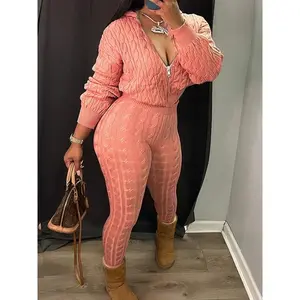 Women’s zip-up hooded knit cardigan set, two-piece pants set, autumn and winter casual style, solid color