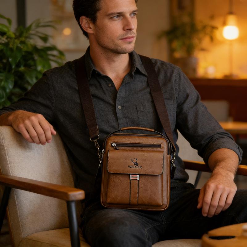 【Local Delivery】Maxoner Messenger Bag for Men Business Vintage Leather Sling Shoulder Purse Portable Travel Crossover Handbag Crossbody
