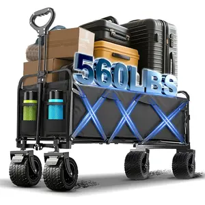 350L Large Capacity Foldable Wagon with Brakes, 560lbs Heavy Duty Collapsible Wagon Cart with Push Handle All-Terrain Big Wheels for Camping, Sports, Shopping, Beach