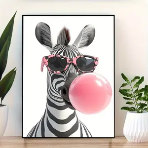 1 Piece Whimsical Zebra with Pink Fashion Glasses and Bubble Gum Canvas Poster - Wooden Frame Animal Wall Art, Vibrant and Playful Home Decor for Bedroom, Office, Cafe, Hotel, Art Room Decoration|Humorous Zebra Art|Digital Canvas Printing